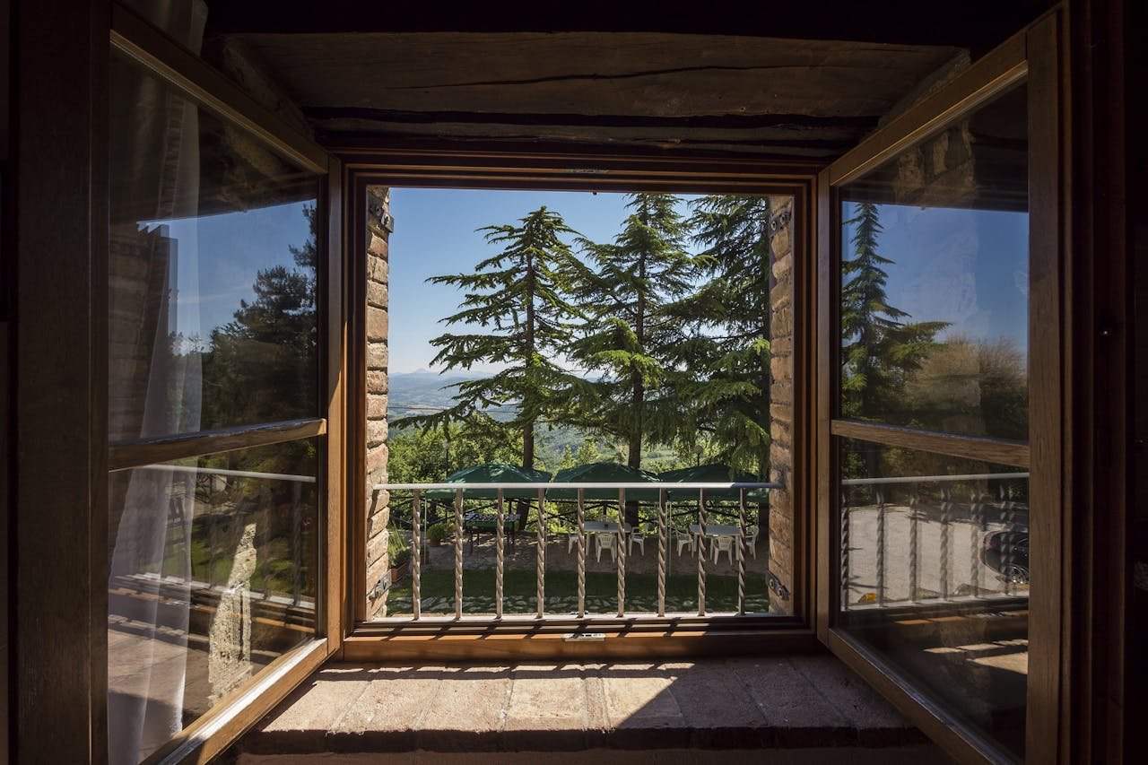 A picturesque view of trees and landscape through a rustic wooden window frame.